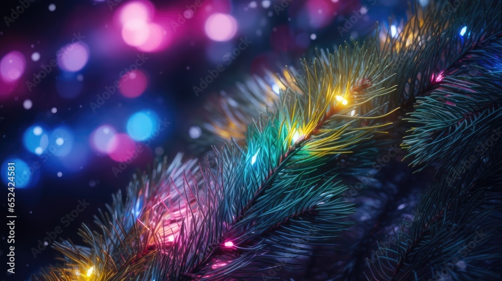colorful Christmas lights on pine boughs in a horizontal format, Holiday-themed image as a JPG. generative ai