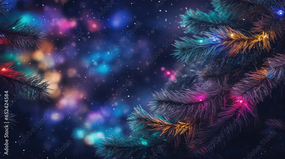 colorful Christmas lights on pine boughs in a horizontal format, Holiday-themed image as a JPG. generative ai colorful Christmas lights on pine boughs in a horizontal format, Holiday-themed image as a JPG. generative ai