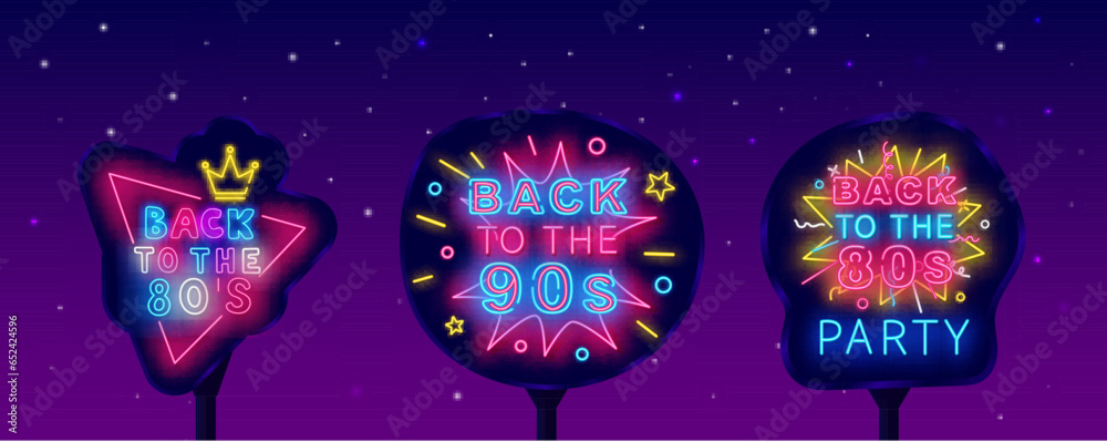 Fototapeta premium Back to the 80s neon street billboards collection. Glowing outdoor advertisings. Vector stock illustration