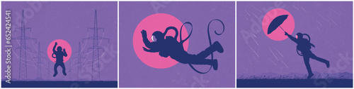 Astronaut flying in sky. Cosmonaut in rain. Scientist in spacesuit