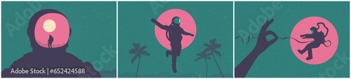 Flying cosmonaut. Lonely astronaut in spacesuit and full moon. Sci Fi