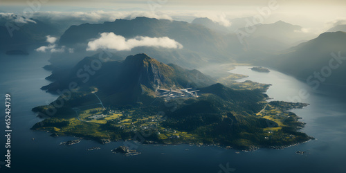 fog over the island mountains, aerial cinematic photography