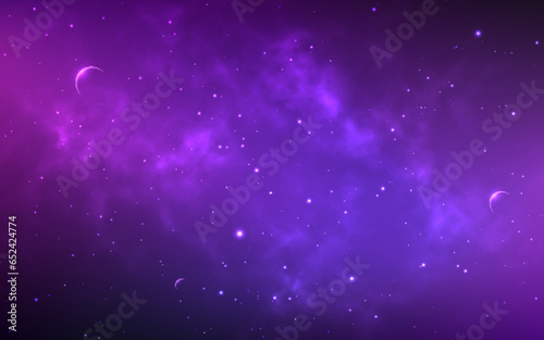 Cosmos planets. Realistic starry nebula. Beautiful stardust effect. Color galaxy with bright stars. Eclipse in space. Magic cosmic clouds. Endless outer space. Vector illustration.