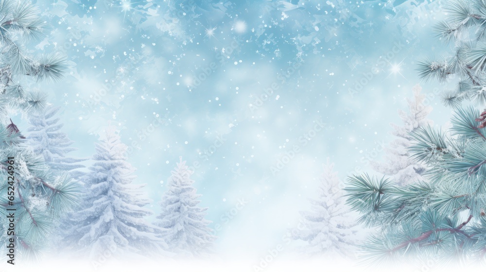 a horizontal snow scene with pine trees and falling snow with space for copy in a Winter-themed illustration as a JPG. Generative ai