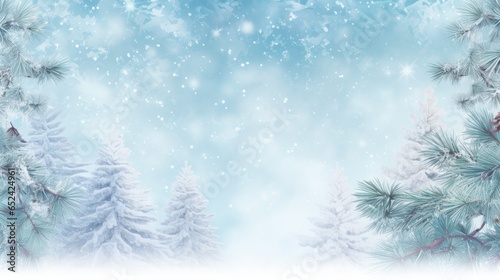 a horizontal snow scene with pine trees and falling snow with space for copy in a Winter-themed illustration as a JPG. Generative ai © Purple Penguin GFX