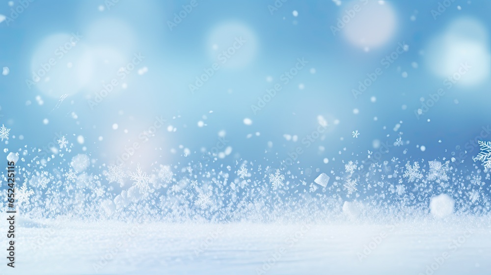 a Horizontal format winter scene with snowflakes falling against a blue sky in winter-themed, photorealistic illustrations in JPG. Generative ai a Horizontal format winter scene with snowflakes falling against a blue sky in winter-themed, photorealistic illustrations in JPG. Generative ai