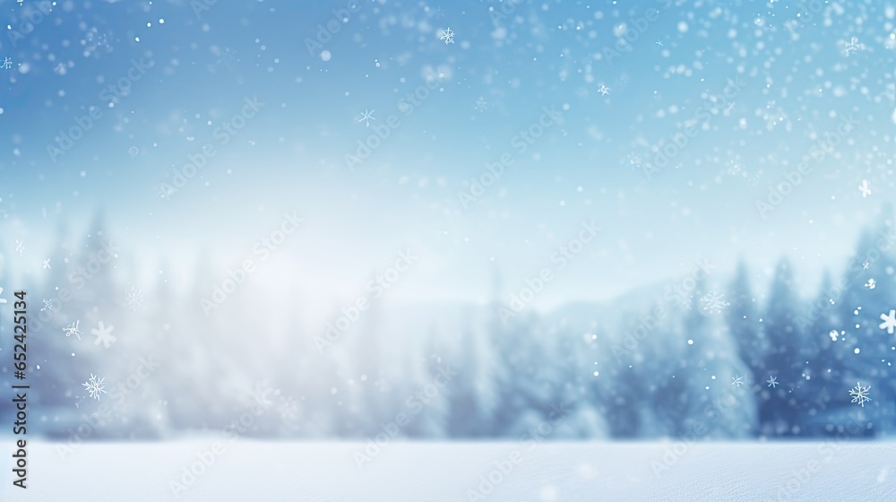 a Horizontal format winter scene with snowflakes and trees, against a blue sky in winter-themed, photorealistic illustrations in JPG.  Generative ai