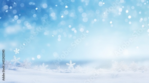 a Horizontal format winter scene with snowflakes falling against a blue sky in winter-themed, photorealistic illustrations in JPG.  Generative ai © Purple Penguin GFX