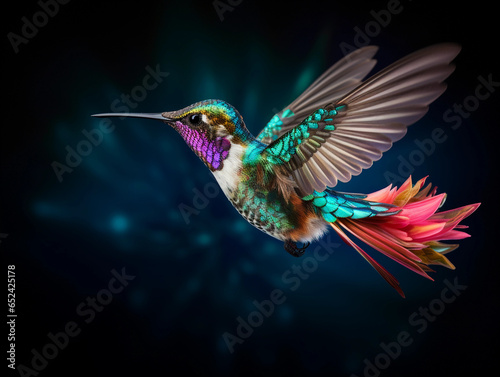 hummingbird mid - flight, capturing iridescent feathers, rapid wing motion, vibrant flower background