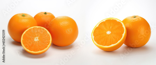 Set of natural Valencia orange fruit with cut in half isolated on white background