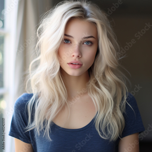 A captivating photo of a young woman with light ash blonde hair in soft sunlight. Beautiful woman with unique and elegant appearance in serenity and confidence.