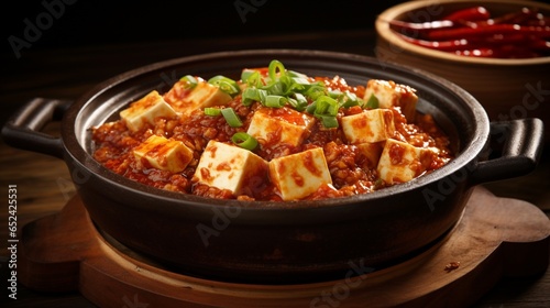 Mapo tofu in stone bowl on wooden table, with copy space.