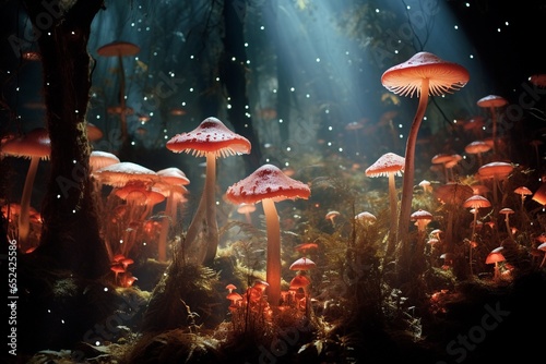 Świecące lampy grzybowe z świetlikami w magicznym lesie