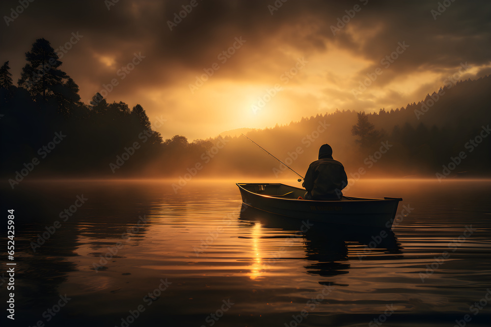 river fishing in boat at dawn, cinematic photography