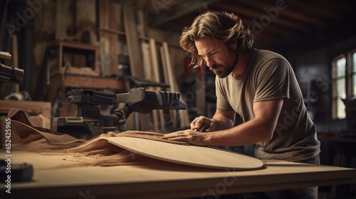 Passionate craftsman working painstakingly in his surfboard workshop