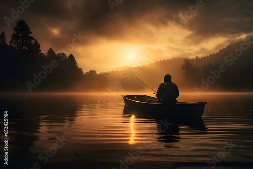 river fishing in boat at dawn  cinematic photography