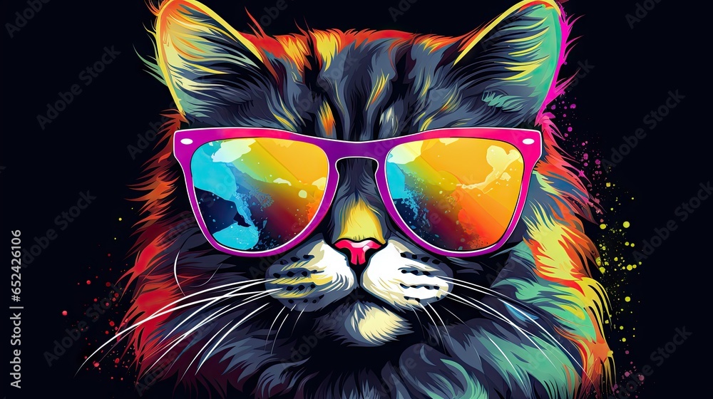  a cat with sunglasses on its face and a black background.  generative ai