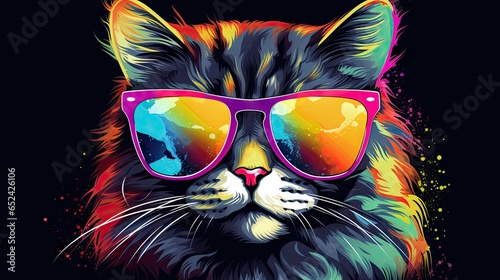  a cat with sunglasses on its face and a black background. generative ai