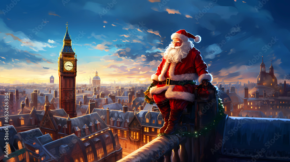 Illustration of the city of London at Christmas, United Kingdom - obrazy, fototapety, plakaty 
