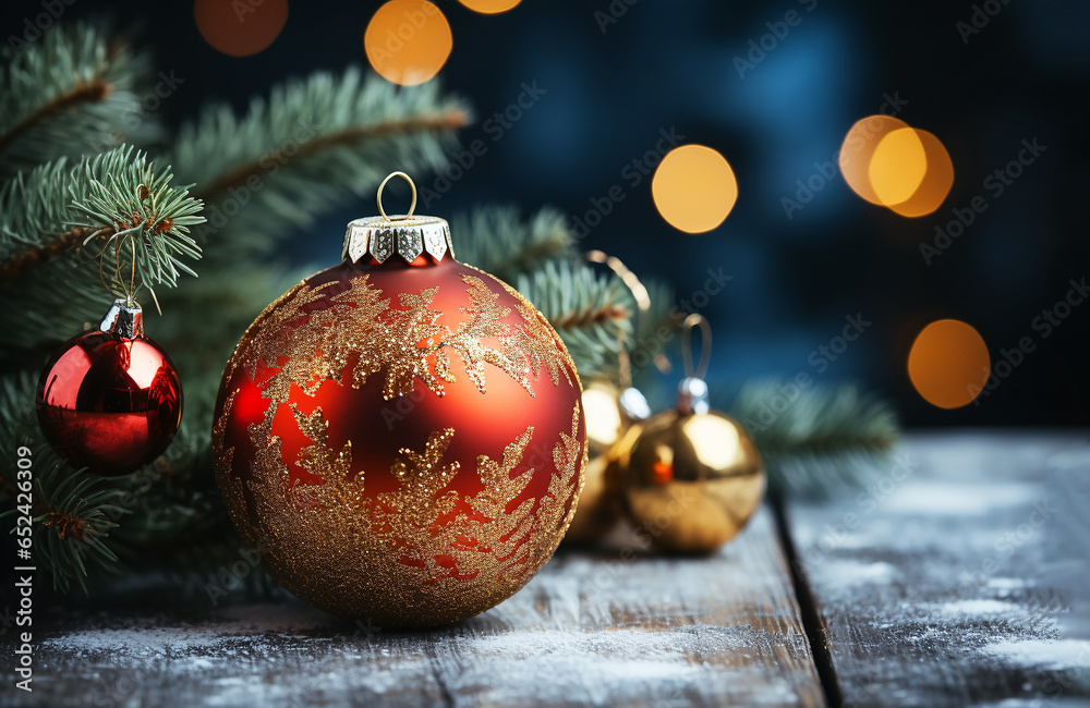 Big red Christmas ball and fir branches on blue blurred background with bokeh. Close up. Selectiva focus. Generative AI Big red Christmas ball and fir branches on blue blurred background with bokeh. Close up. Selectiva focus. Generative AI