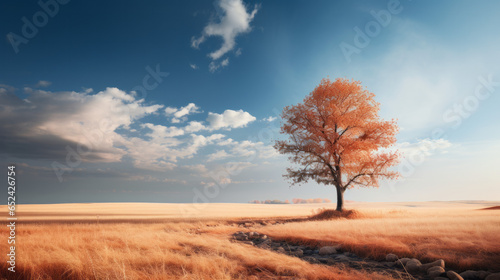 Alleinstehender Baum im Herbst vor einer weitl  ufigen Landschaft und weitem Horizont vor blauem Himmel mit Wolken