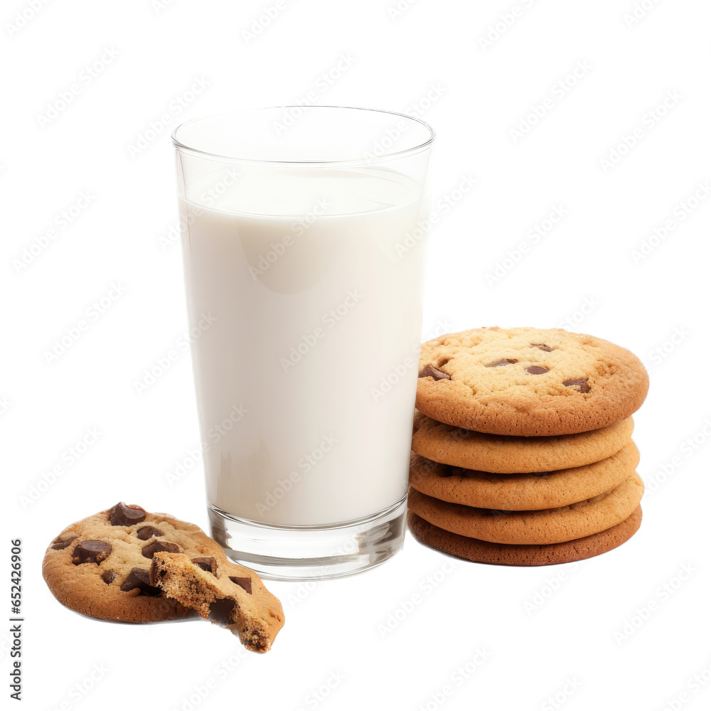 a glass of milk with chocolate chip cookies, a side view in a dessert-themed, photorealistic illustration in a transparent PNG, cutout, and isolated. generative ai a glass of milk with chocolate chip cookies, a side view in a dessert-themed, photorealistic illustration in a transparent PNG, cutout, and isolated. generative ai
