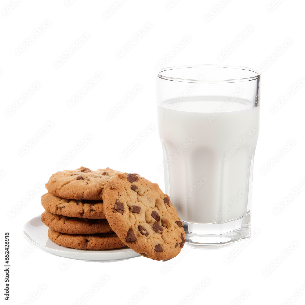 a glass of milk with chocolate chip cookies, a side view in a dessert-themed, photorealistic illustration in a transparent PNG, cutout, and isolated. generative ai