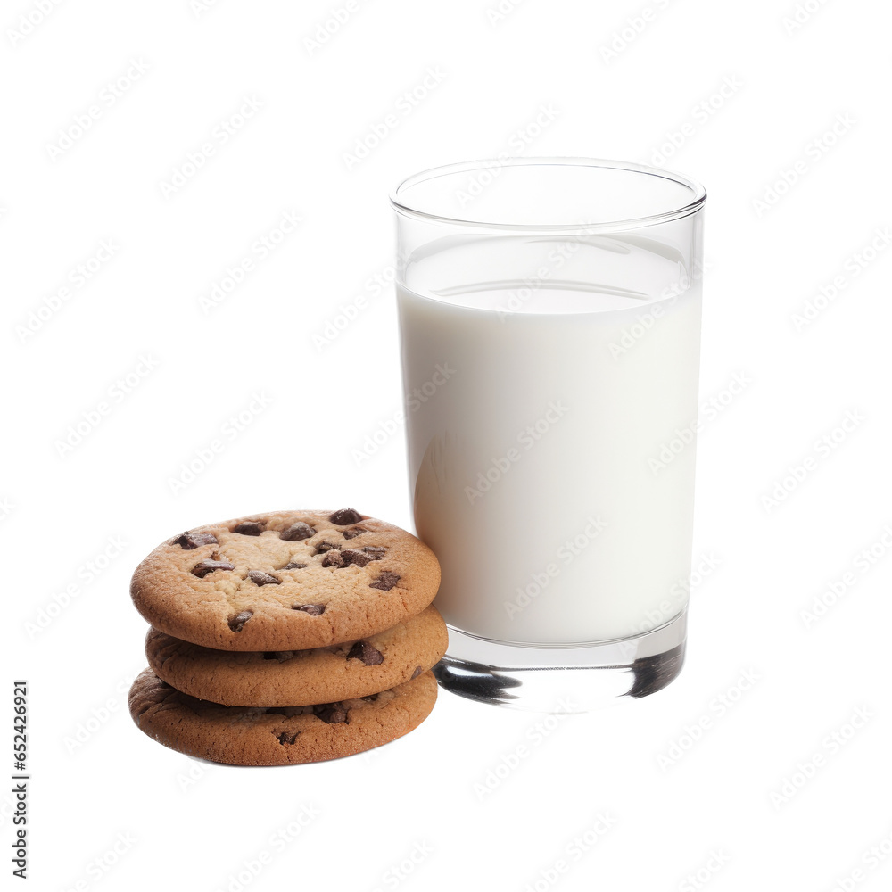 a glass of milk with chocolate chip cookies, a side view in a dessert-themed, photorealistic illustration in a transparent PNG, cutout, and isolated. generative ai a glass of milk with chocolate chip cookies, a side view in a dessert-themed, photorealistic illustration in a transparent PNG, cutout, and isolated. generative ai