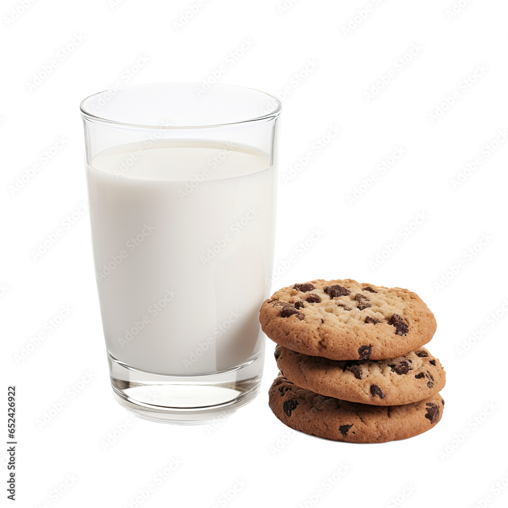a glass of milk with chocolate chip cookies, a side view in a dessert-themed, photorealistic illustration in a transparent PNG, cutout, and isolated. generative ai a glass of milk with chocolate chip cookies, a side view in a dessert-themed, photorealistic illustration in a transparent PNG, cutout, and isolated. generative ai