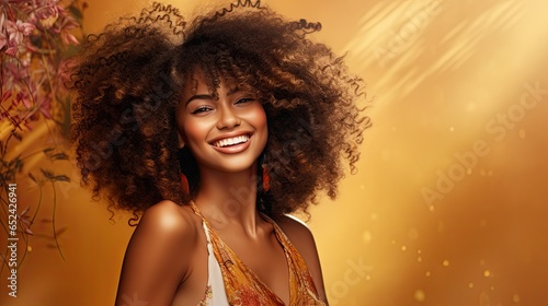 a smiling, laughing Black female model with afro-hair and tribal background, 3/4 view, with space for copy in a product and mock-up Glamour-themed image as a JPG horizontal format. generative ai