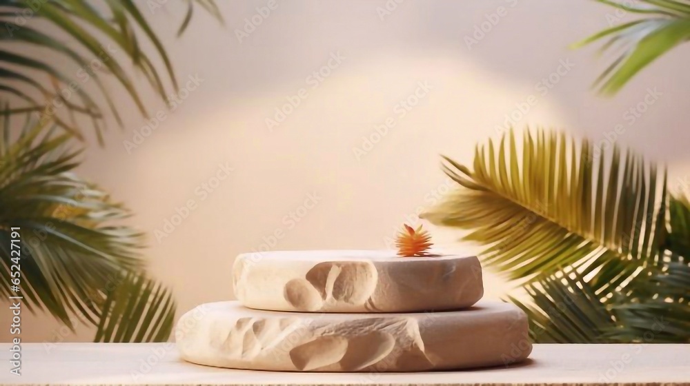 Close up stone pieces podium stand with green palm leaves, sea shells decorations with bokeh light, shadow on background. Mock up template Product display presentation rendering 3d Close up stone pieces podium stand with green palm leaves, sea shells decorations with bokeh light, shadow on background. Mock up template Product display presentation rendering 3d
