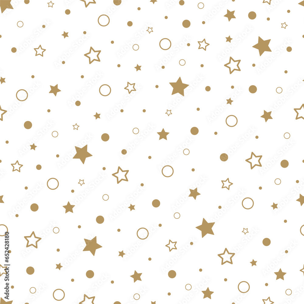 Festive background with gold stars. Holiday seamless pattern. Ornament for gift wrapping paper, fabric, clothes, textile, surface textures, scrapbook. Vector illustration.