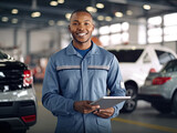 Smiling black car mechanic man holding tool standing arm crossed working in auto repair shop, African American mechanic man happy working in car garage