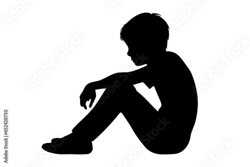 Sad boy silhouette. Side profile portrait sitting on ground. vector illustration