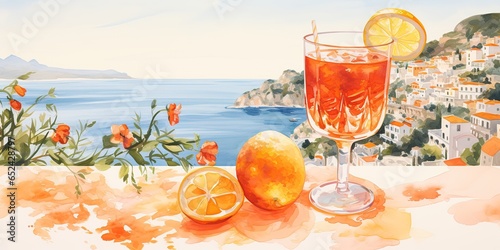 aperol spritz on the beach, amalfi italy, cocktail watercolor illustration © dianaorozco