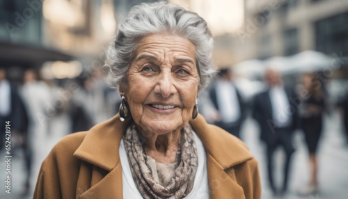 Beautiful elderly lady outdoors in teh city with copy space