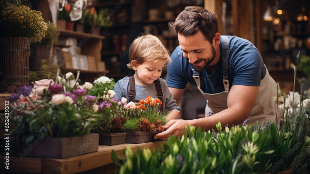 Portrait of a man with a child choosing a bouquet in a flower store Portrait of a man with a child choosing a bouquet in a flower store