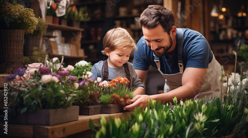 Portrait of a man with a child choosing a bouquet in a flower store