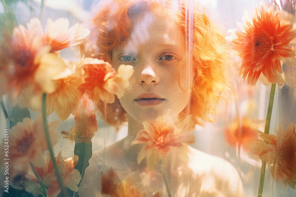 portrait of a beautiful 20-years redheaded young girl, floral multiple exposure, concept of beautiful soul and harmony