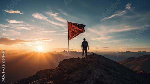 Silhouette of a man on top of a mountain next to a flag