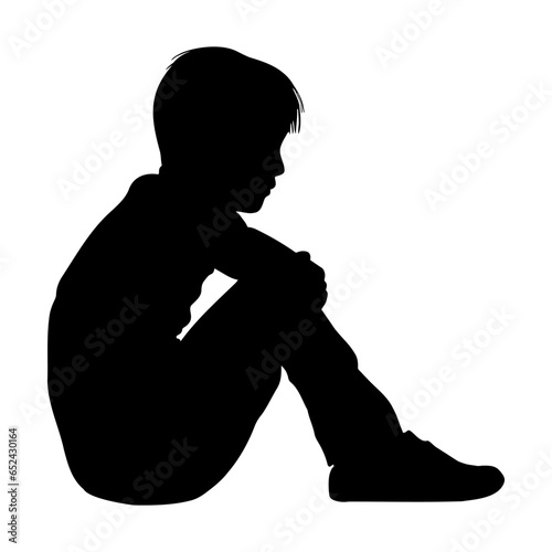 Side profile portrait silhouette of a boy sitting on ground thinking or worried. vector illustration