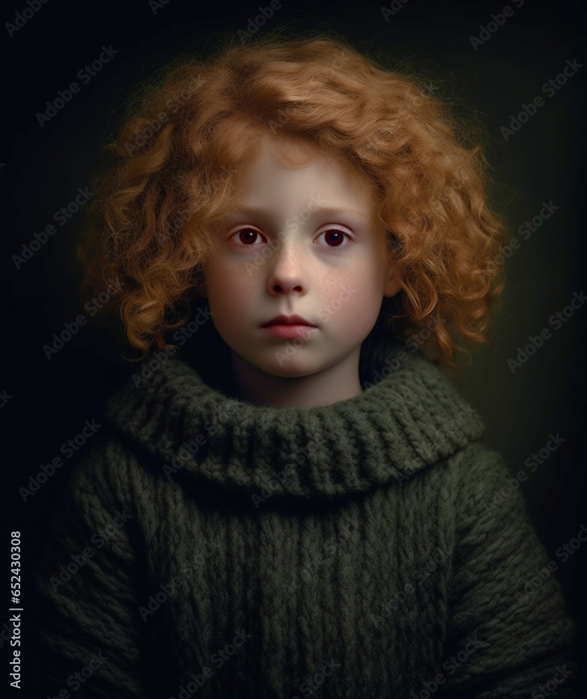 A studio portrait of a young girl with curly red hair and wearing a dark green wool sweater. Fair complexion, skin care.