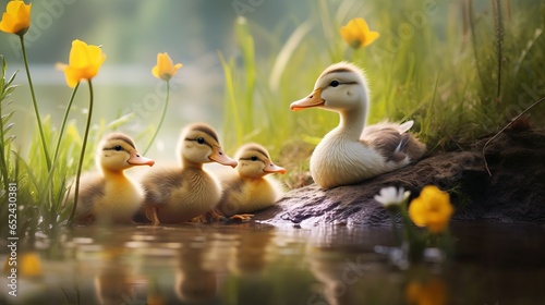 closeup view of cute and adorable family of ducks in a pond in happy mood  lovely zoomed shot of animal.