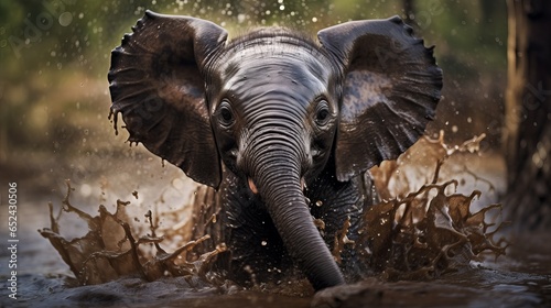 closeup view of cute and adorable baby elephant in splashing water in happy mood, lovely zoomed shot of animal. © sungat