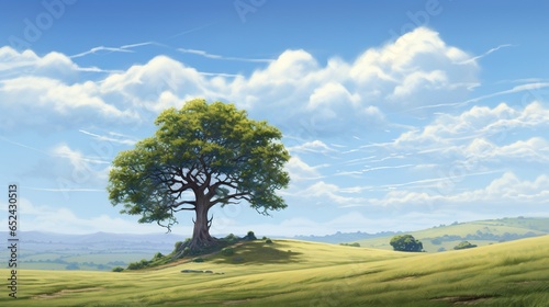  a painting of a tree on a hill with clouds in the background. generative ai