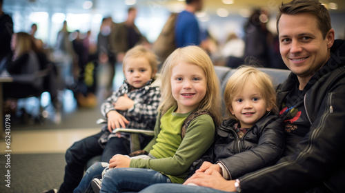 Portrait of a group of young children sitting in an airport waiting area