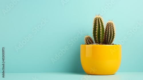 Cactus in yellow pot on shelf with blue wall, copy space. photo