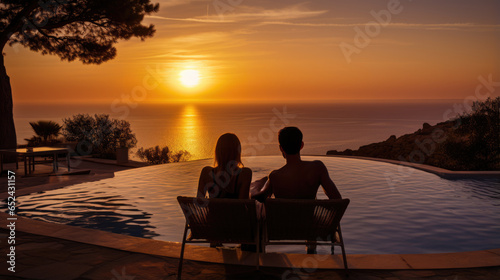 Silhouette of a young couple on vacation at a resort