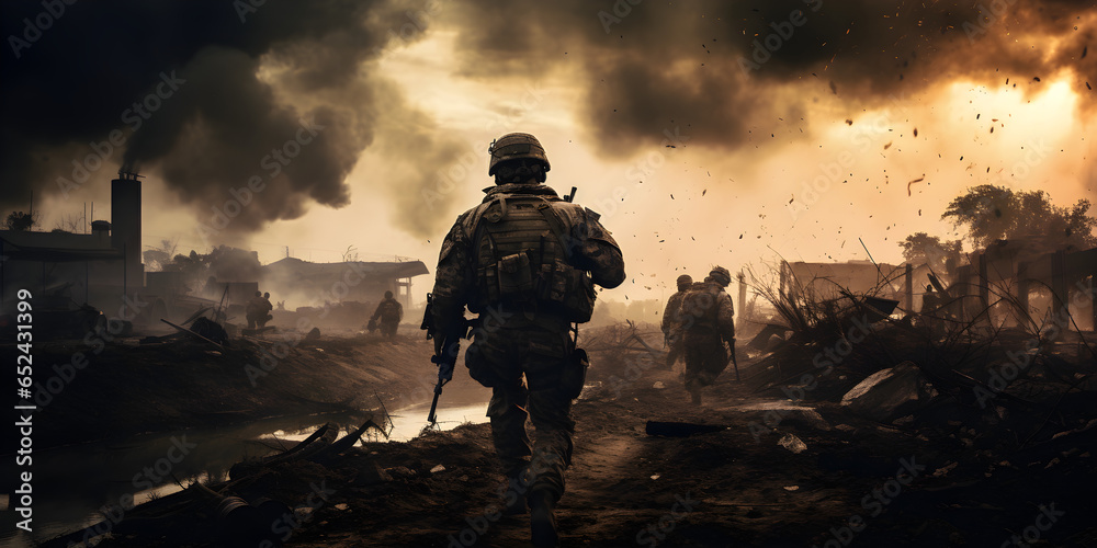 silhouette of soldier walking through destroyed city