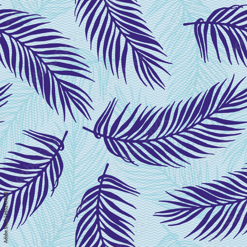 Repeat paradise palm leaves vector pattern. Floral elements over waves texture